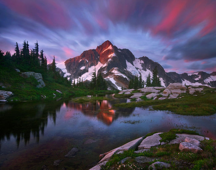 Long exposure, clouds, whatcom peak, peak, whatcom, north cascades, washington, tarn, remote