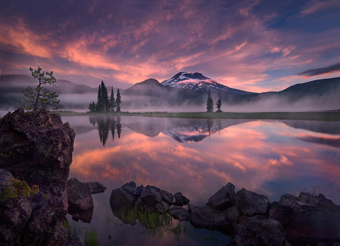 sunrise, 
striking, sparks lake, oregon, colors, reflect