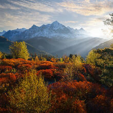 Georgia, Caucasus, mountains, Svaneti, autumn, fall, colors, beams