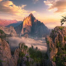 palm trees, Monterrey, peaks, jagged, cliffs, mountains, Mexico, sunrise