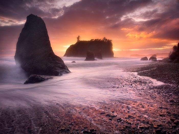 Sunset on Ruby Beach, Olympic Coast.