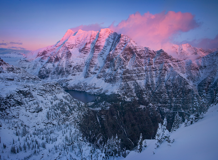 A stunning high elevation view of Glacier National Park including some of the biggest vertical relief the west and a thousand...