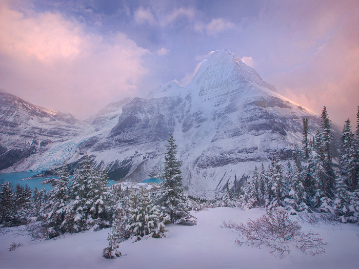British Columbia's Mount Robson as few have seen it, photographed after a fresh snow from high on an adjacent ridge amidst a...