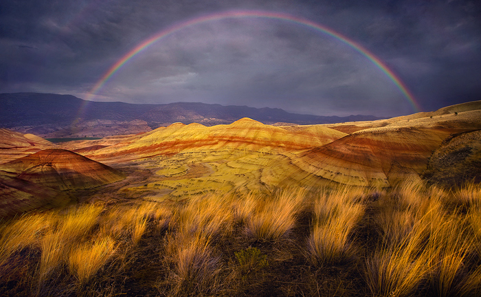 A magic moment over Oregon's Painted Hills as sunset light illuminates tufts of prairie grasses and the landscape beyond as a...