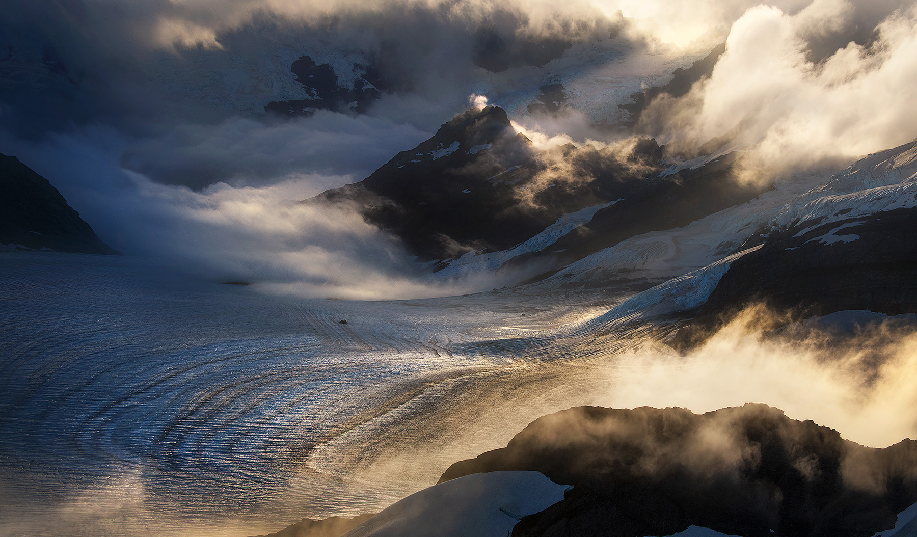 Layers of glacial terrain from the heights of Aspiring National Park, New Zealand&nbsp;