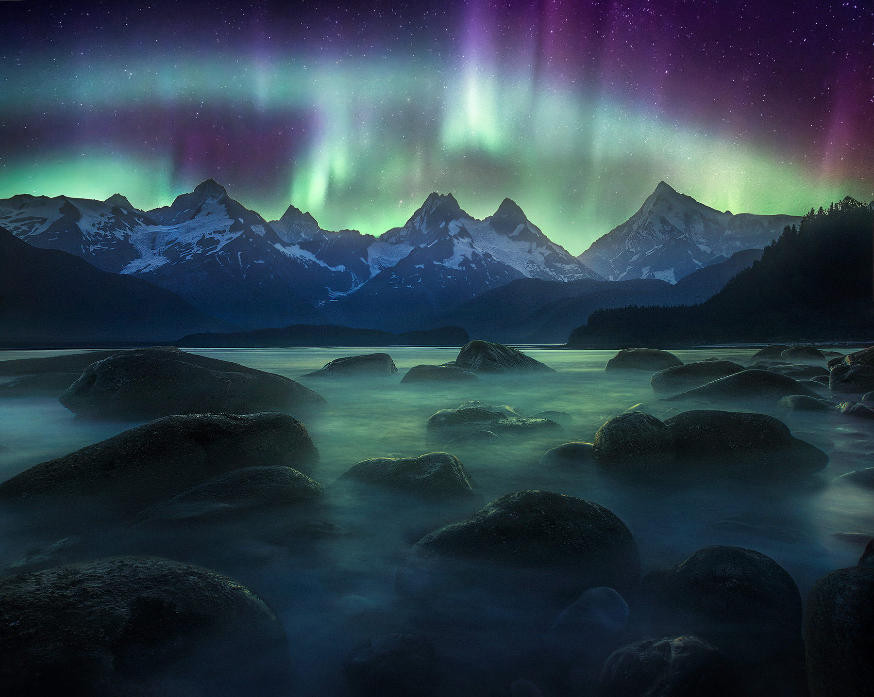 Aurora Bay Giant mountains rising fifteen thousand feet above this beautiful bay on Alaska's Southeast Coast within the fairweather range...