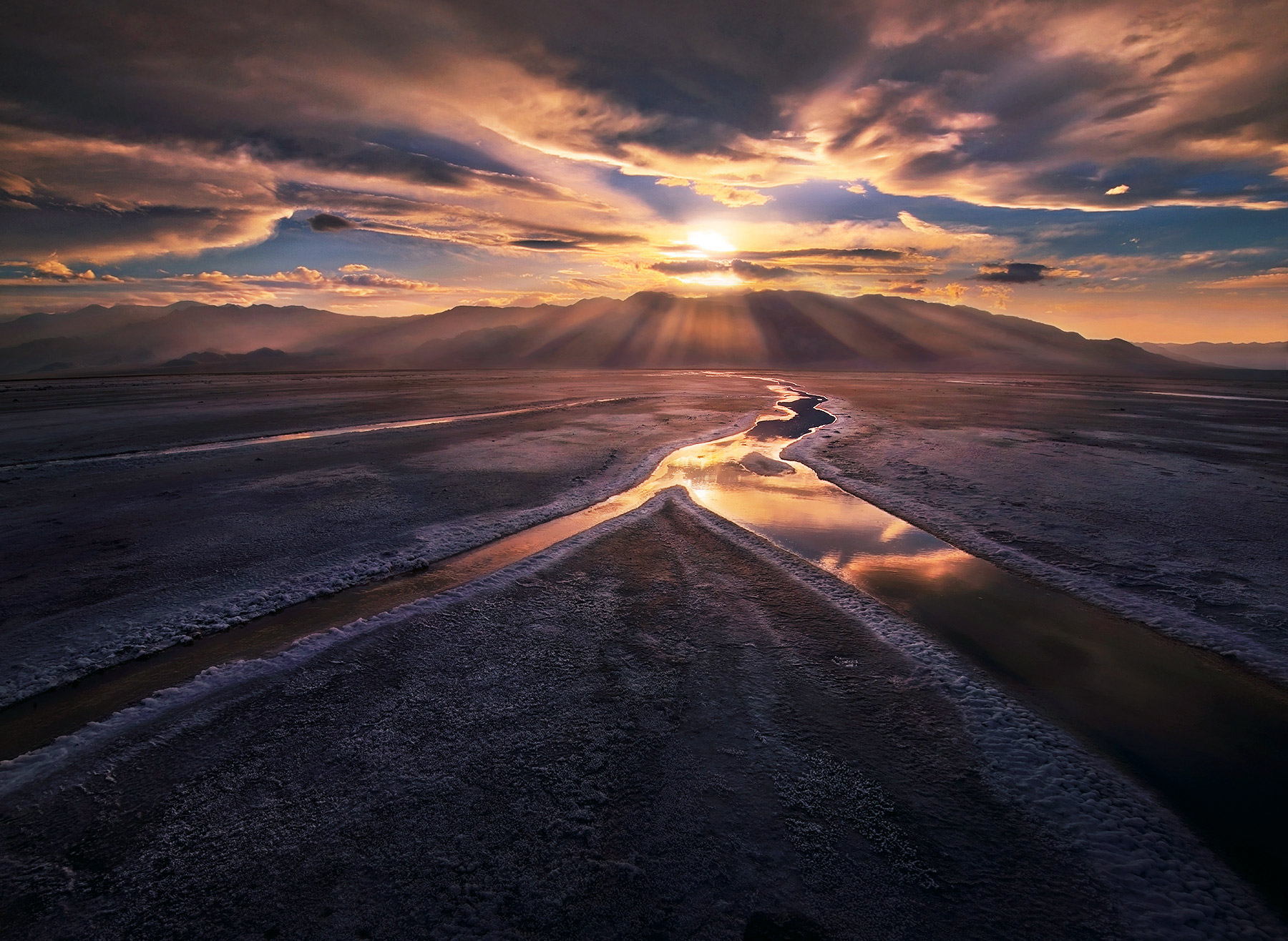 Disappearing Seasonal springs of salt water leave behind open streams on the flats rimmed with white. On this evening, blowing dust...