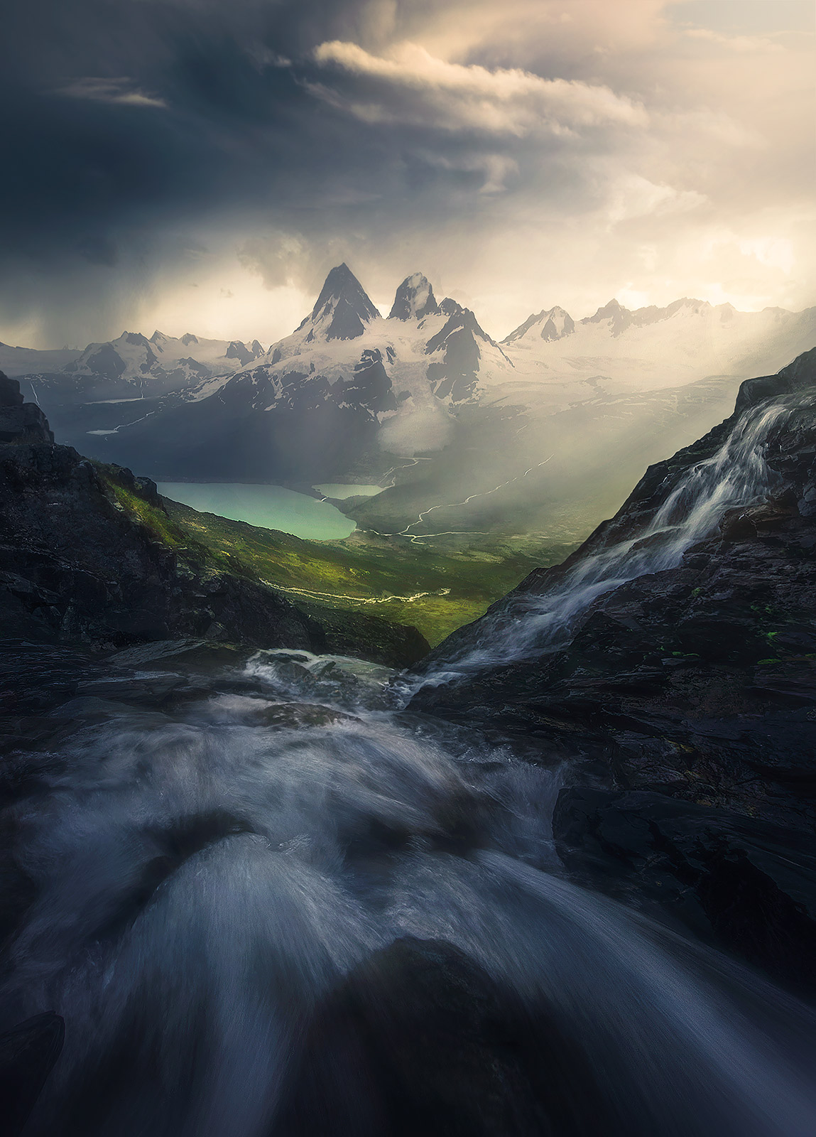 Downstream Cascading water in all directions as a mountain storm rushes in upon us. Here I was guiding a group in backcountry...