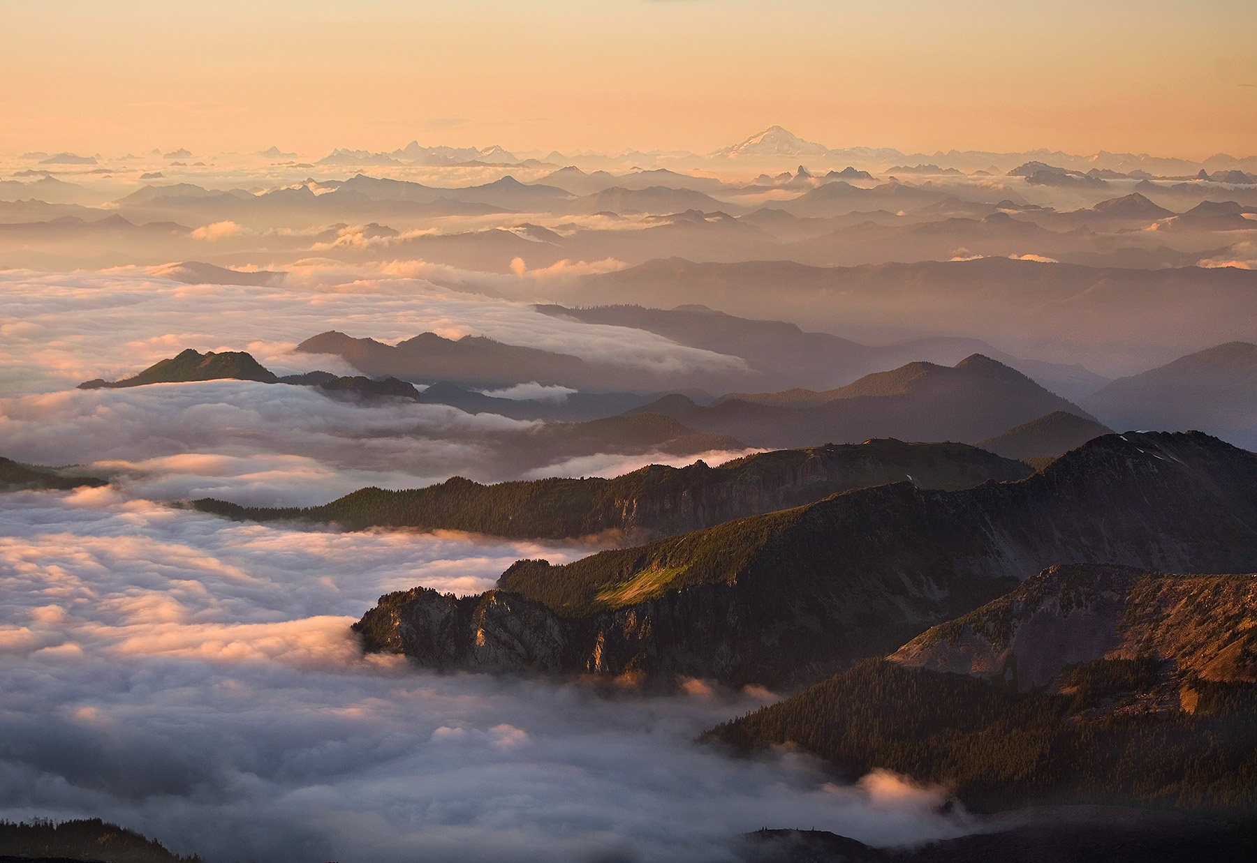 Dozens of layers of mountains comprising Washington's North Cascade range photographed at sunset from 9000 feet on Mount Rainier...