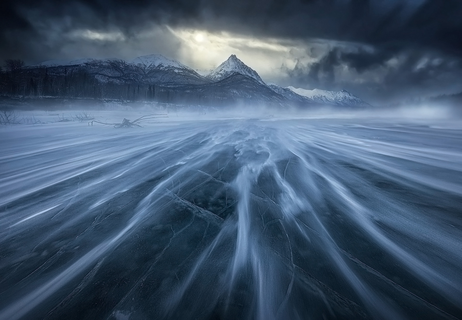 Violent winter conditions on the ice in a storm.  This is the real Alaska!