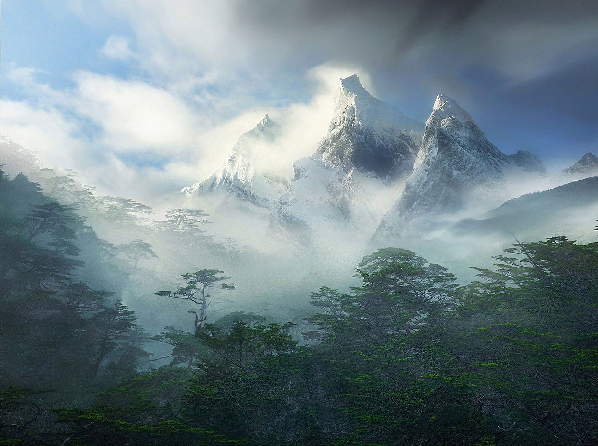 This image depicts the Coigue rainforest and high peaks that make up South Chilean Fiords of Patagonian Chile.