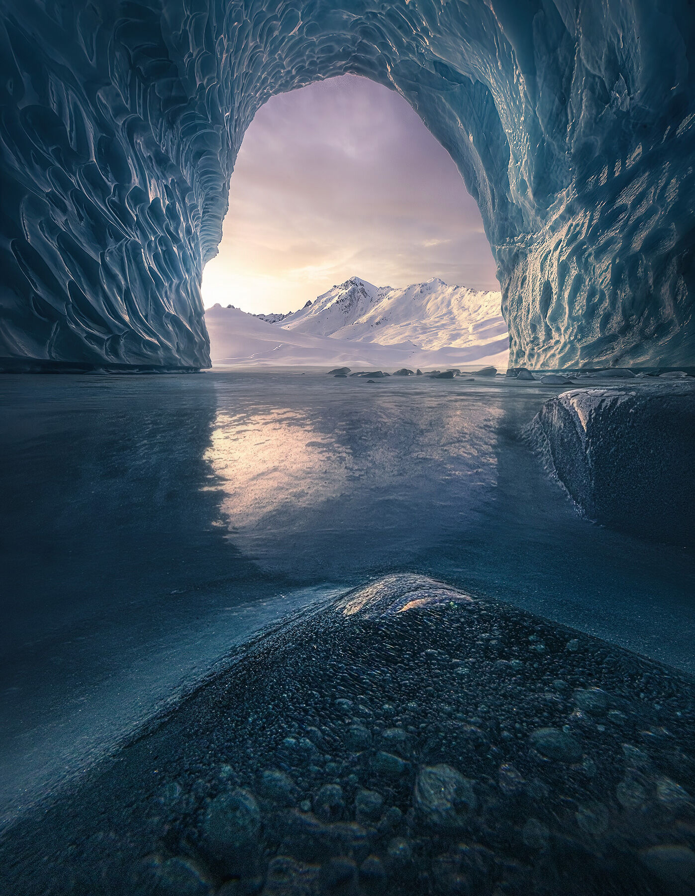 Alaska, ice cave, sunset