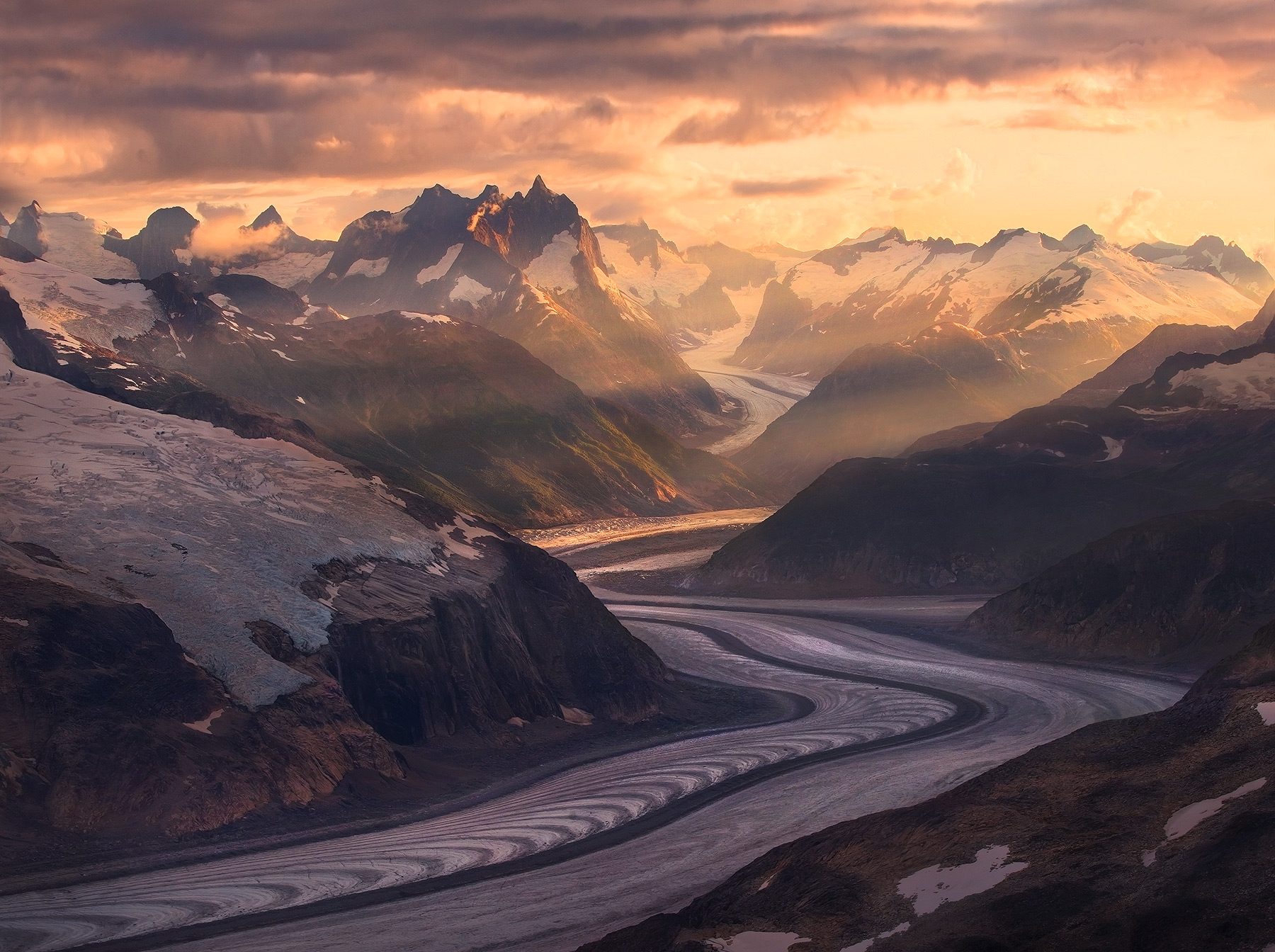 Glaciers wind their way through the amazing high peaks of Alaska's Boundary Range in the Coastal Mountains outside Juneau.