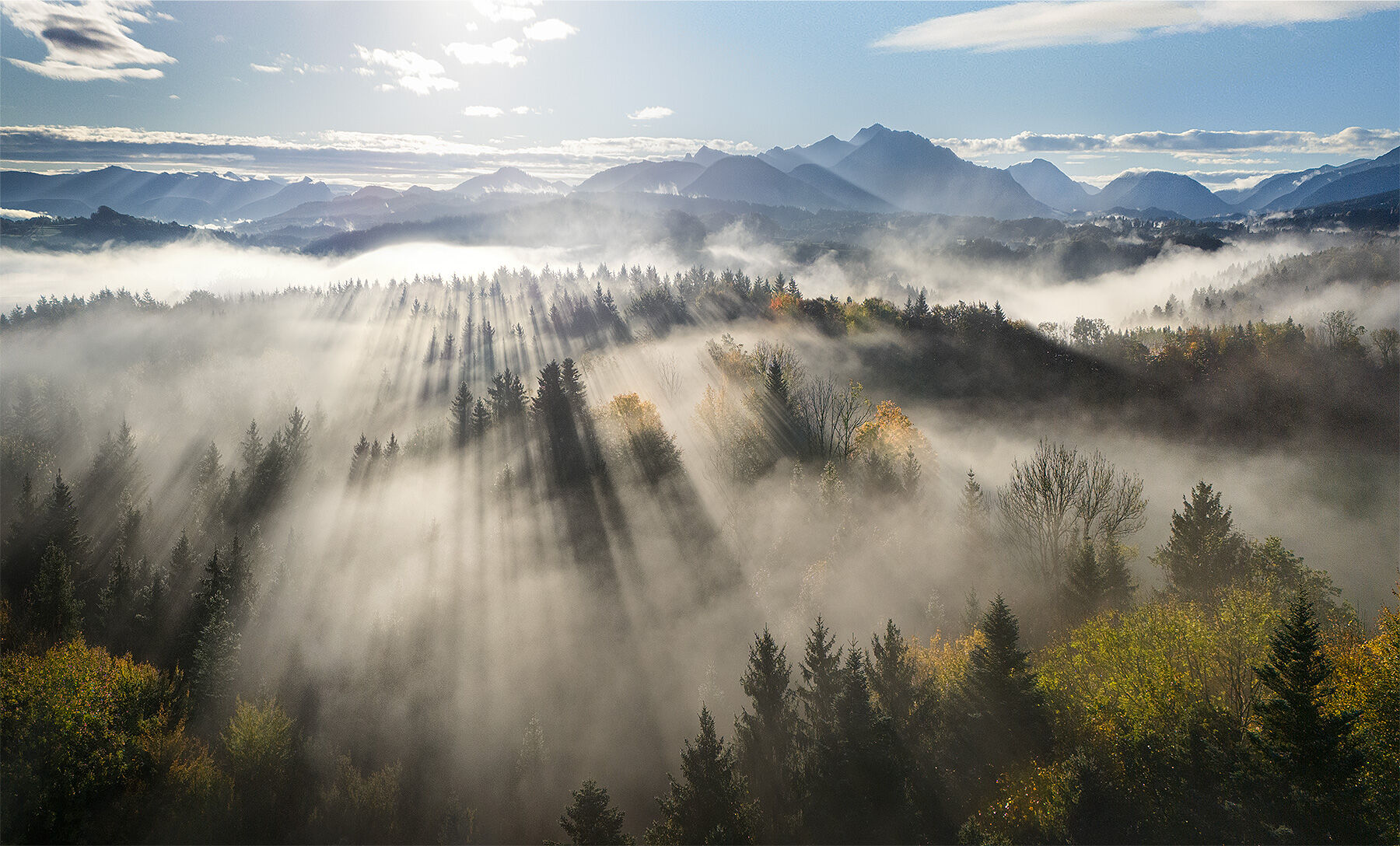 fog, beams, germany, Bavaria, alps