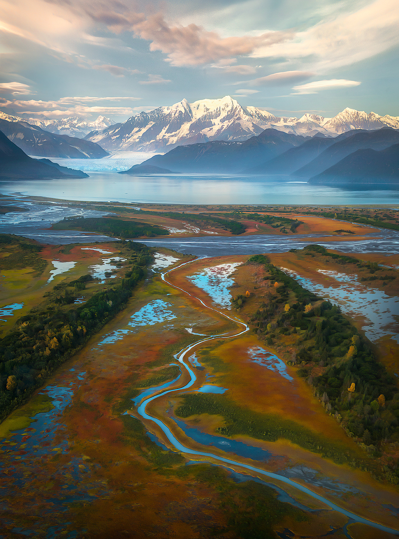 Recently glaciated lands on the shore of Yakutat Bay come back to life with a vibrant display of colors amidst waterways.