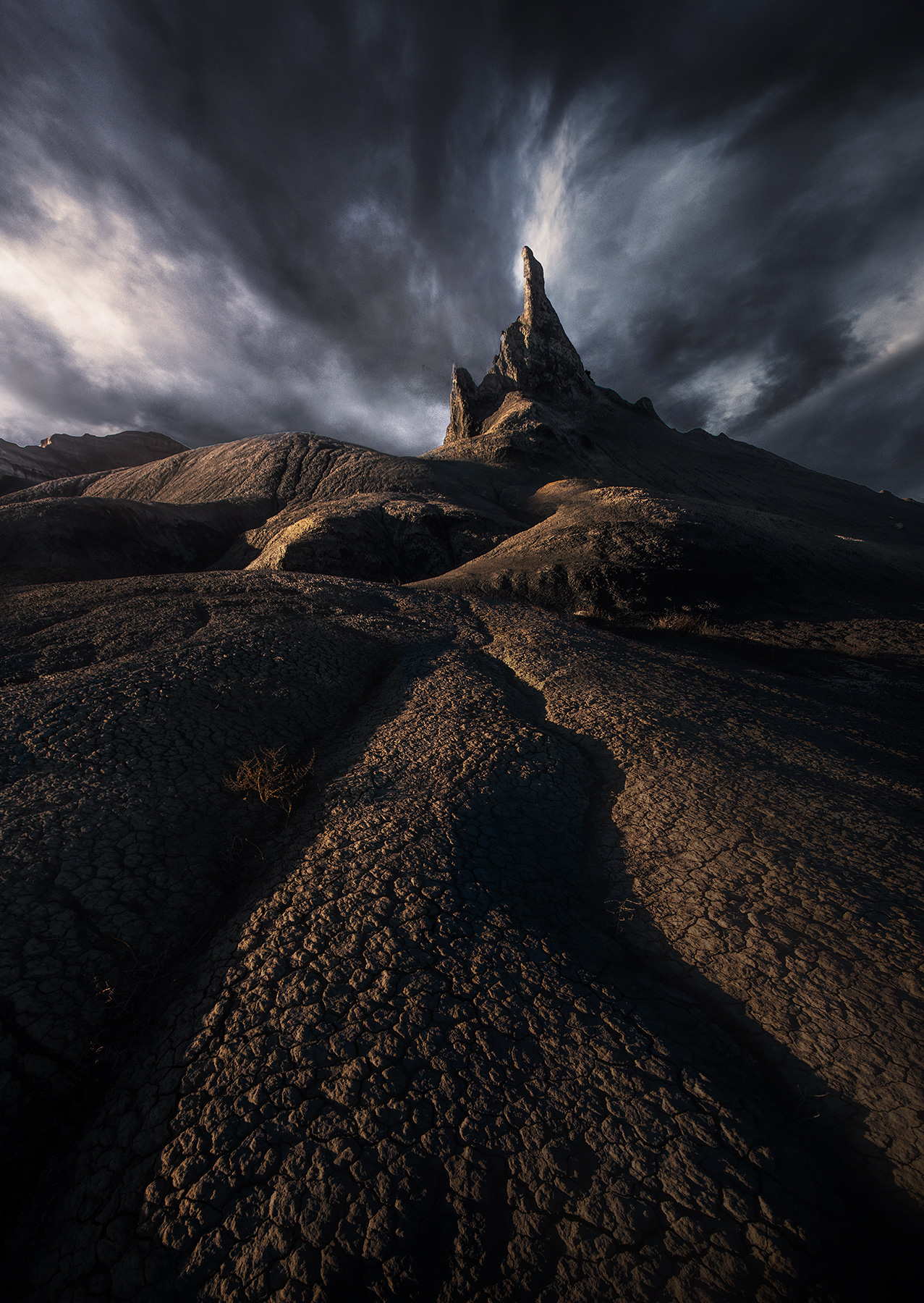 Jagged Spires in the badlands pierce the storm