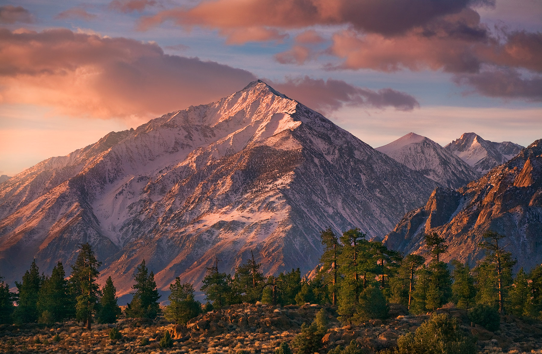 Mount Tom, in the Eastern Sierra of California catches some soft morning light.