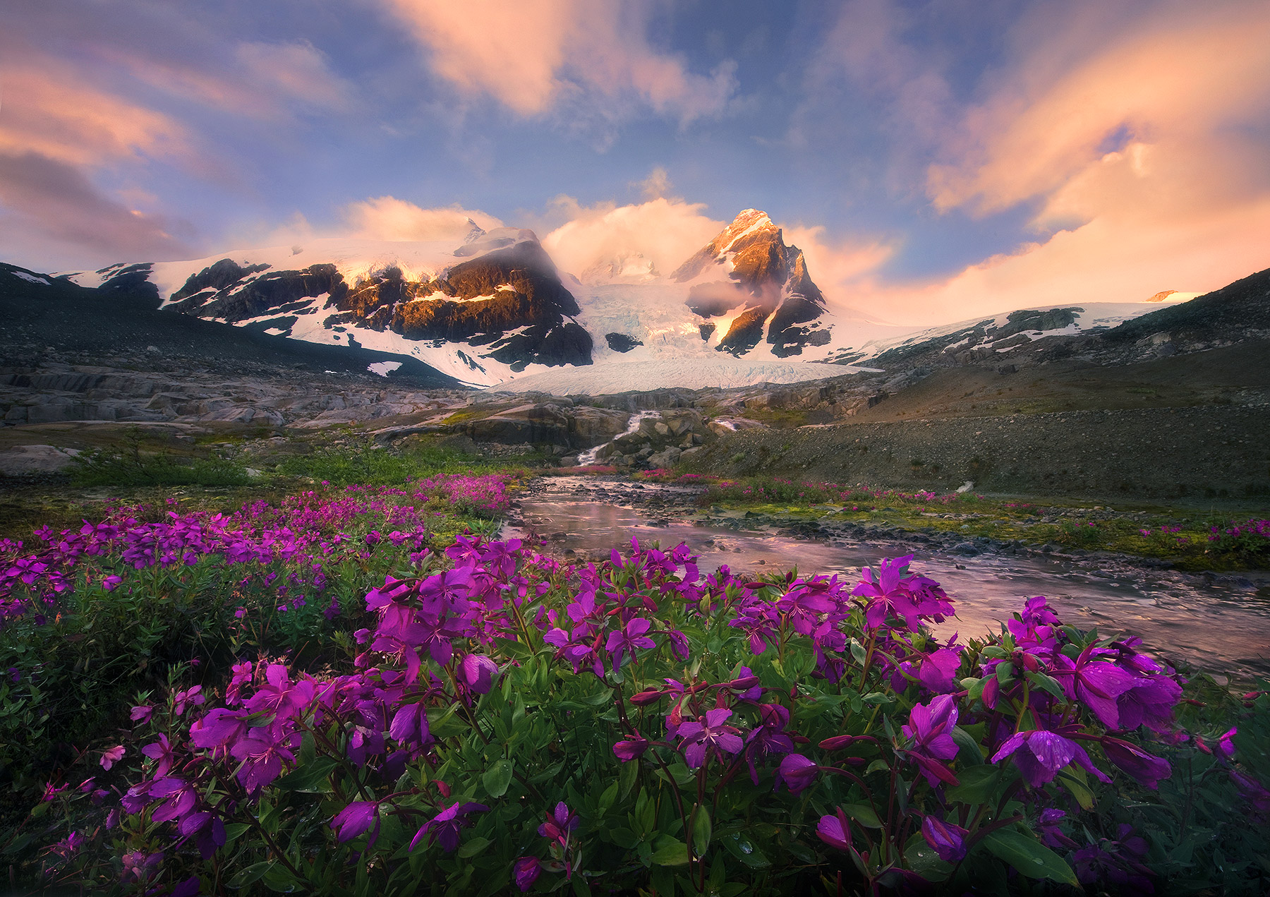 Sunrise colors explode over the huge glaciated peaks and vibrant wildflowers of the Pacific Range, in central British Columbia...