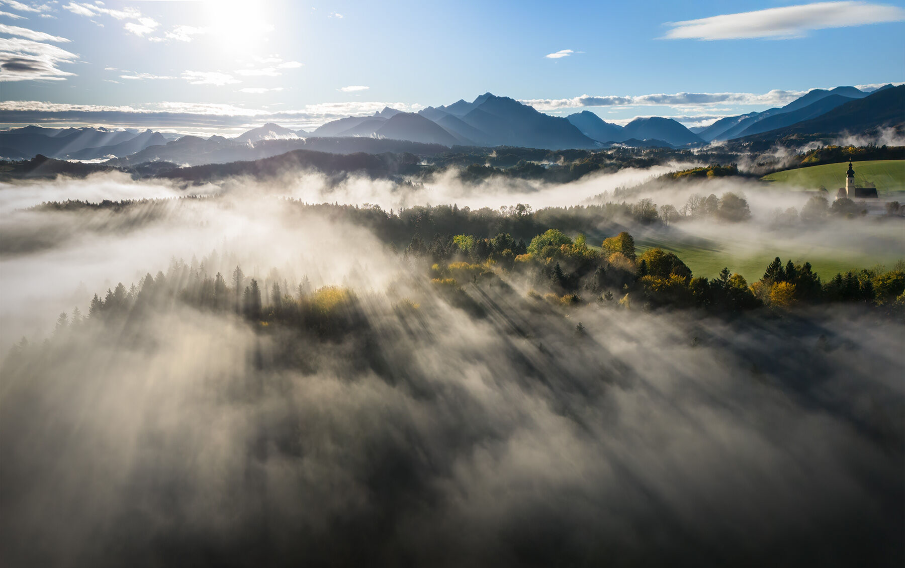 fog, beams, germany, Bavaria, alps