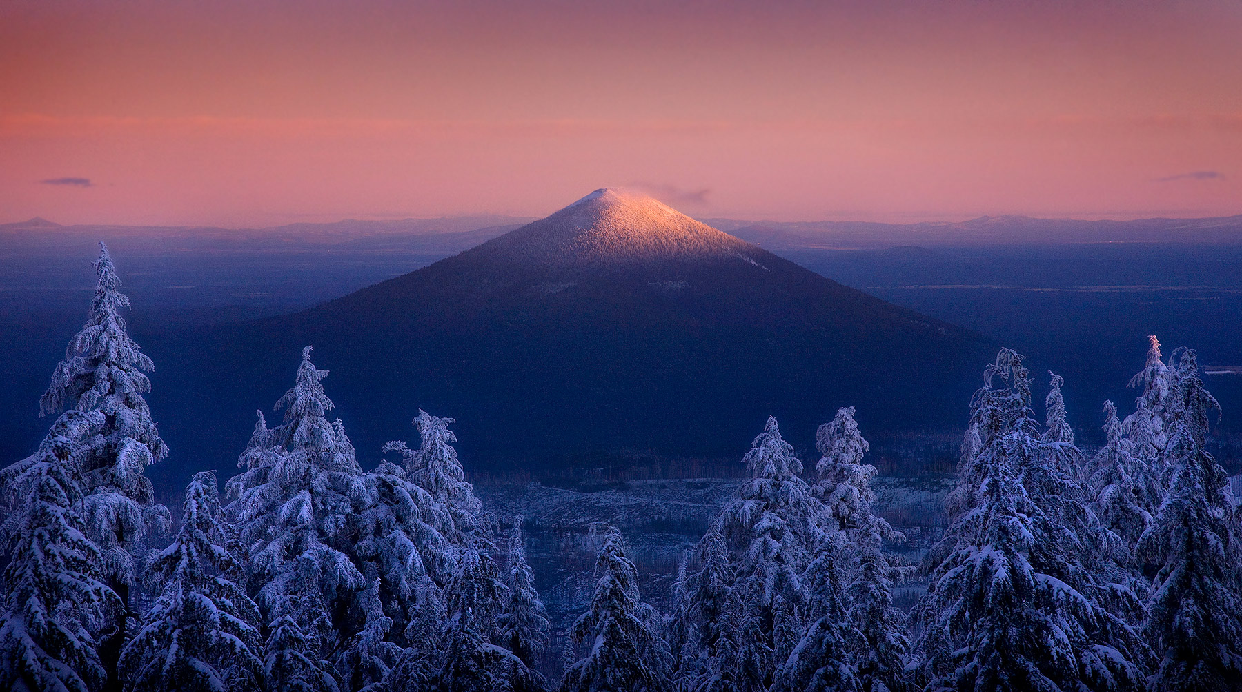 New snow graces the treetops at twilight, looking towards Oregon's Black Butte Peak from my backcountry campsite in winter.