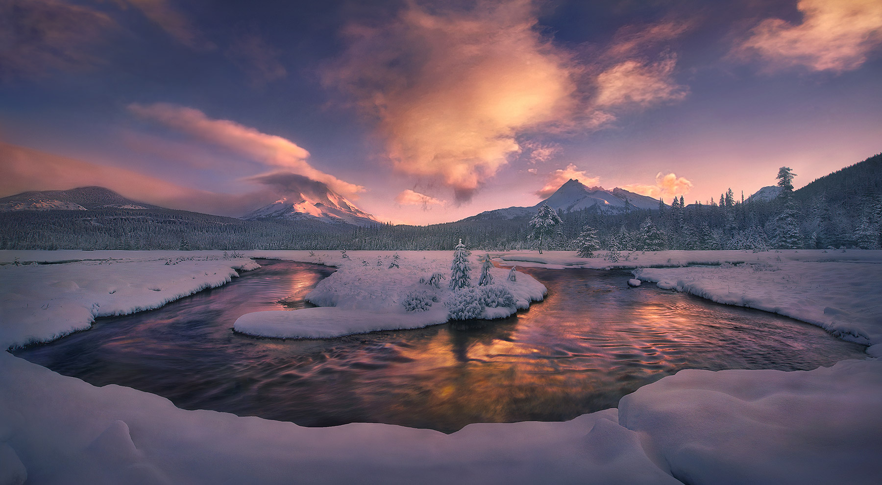 Rare Morning (2011) New snowfall adorns the landscape within Oregon's Three Sisters Wilderness, looking towards South Sister and Broken Top peak...