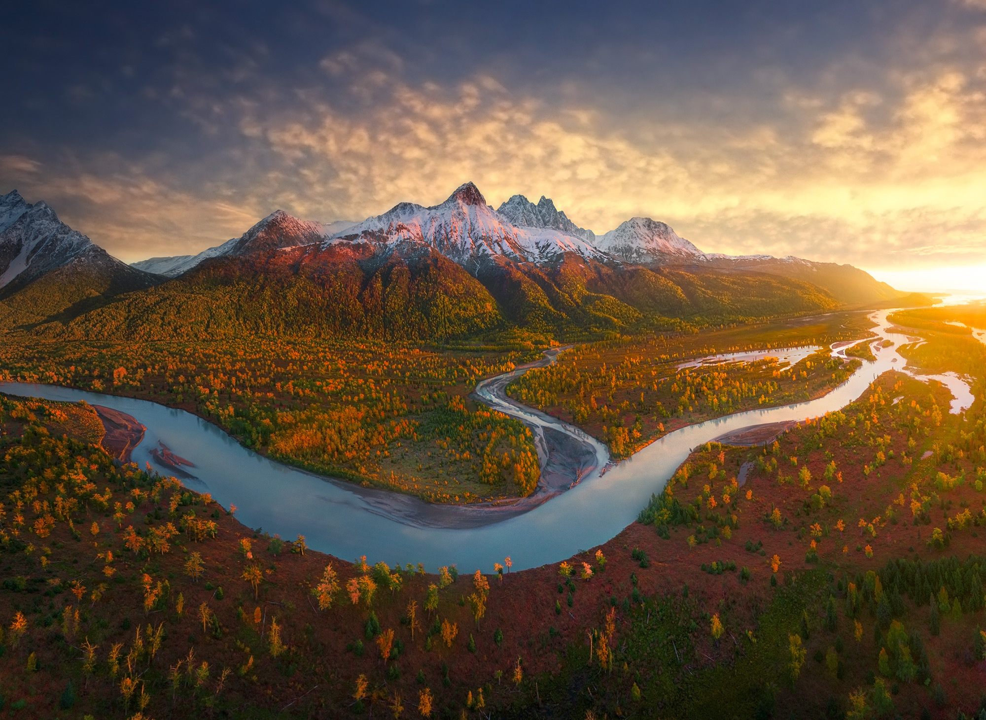 Geese fly overhead Chugach Peaks amidst an amazing sunset and red fall colors in Alaska.