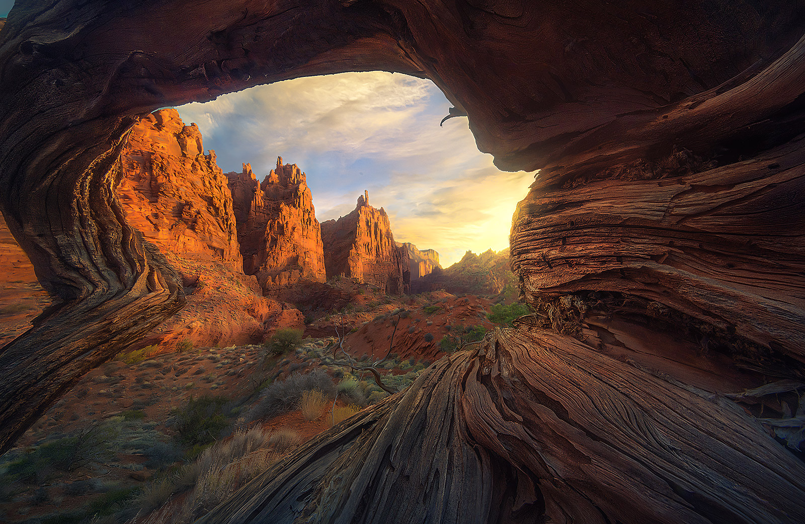 A natural wood frame accompanies these towering cliff faces in the Moab region of Utah