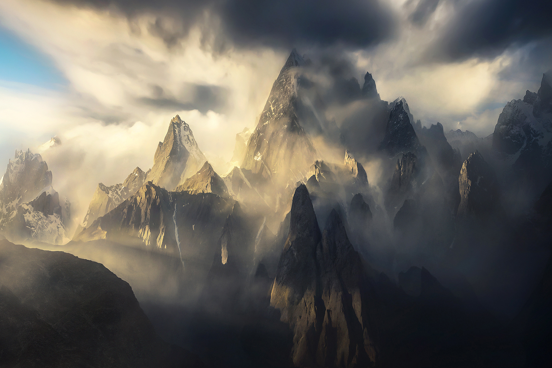 High towers and a clearing snowstorm from the Machulo Valley, Pakistan