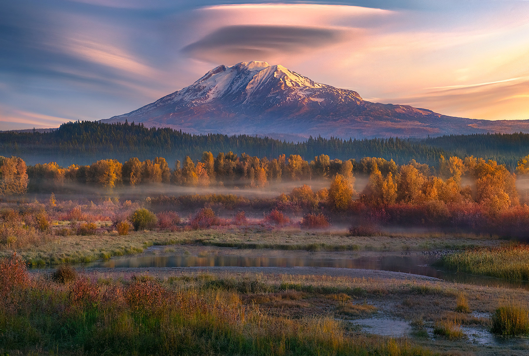 Layers of fall colors amidst wetlands adorn the landscape below pine forest and the towering Mount Klickitat (Mt Adams), in Washington...