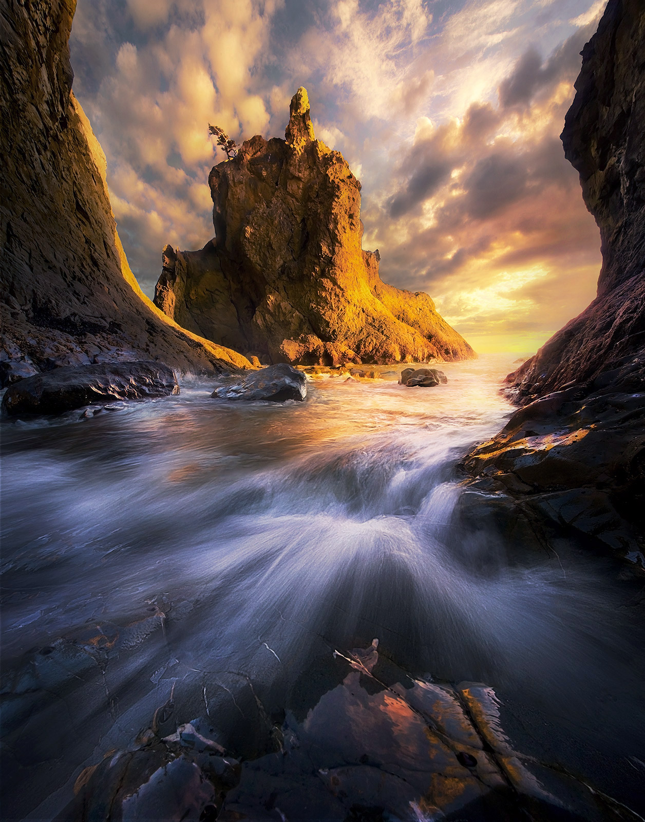 Crashing wave action at sunset photographed on the Olympic Coast using 7 images combined to render an otherwise impossibly wide...