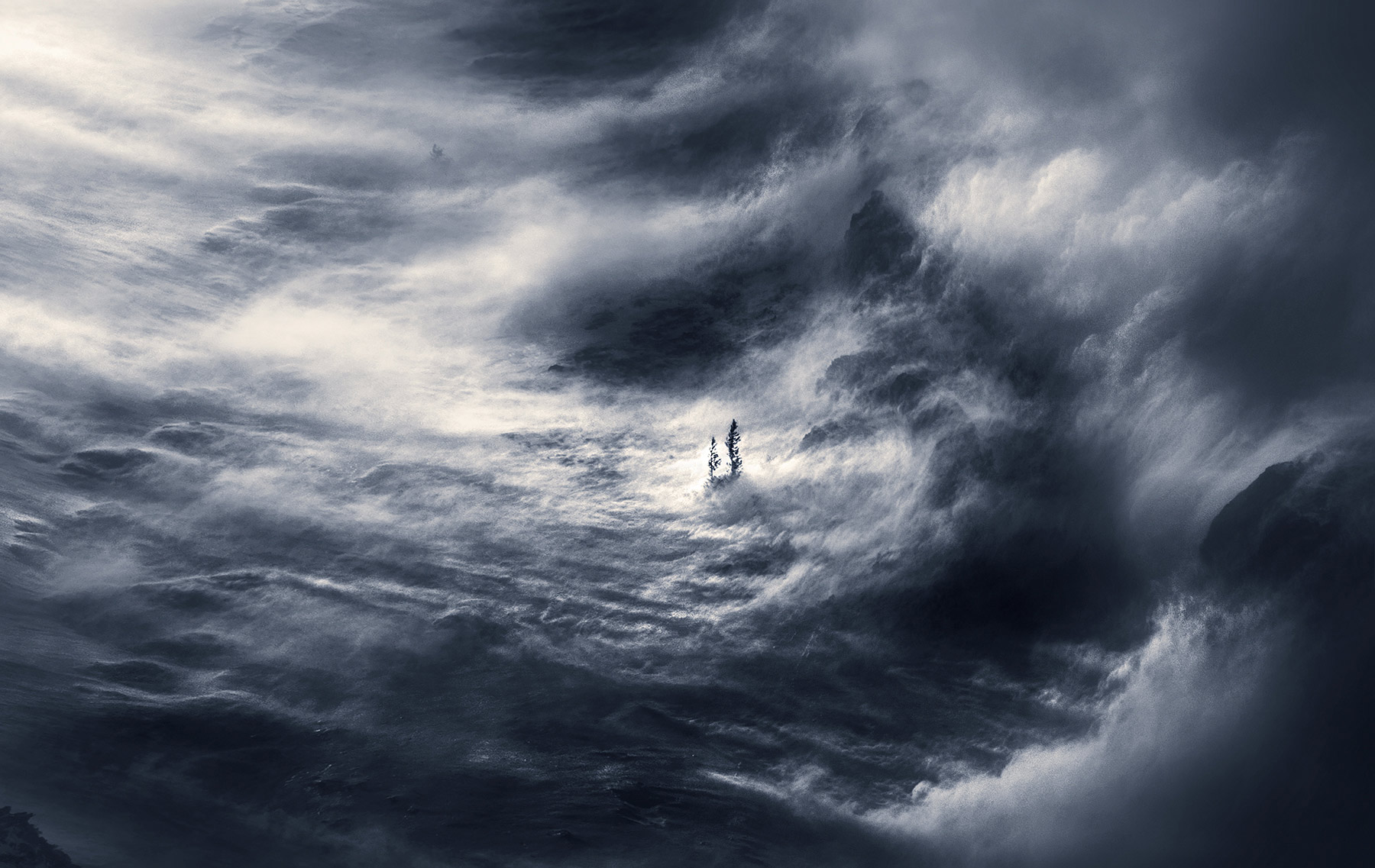 Lone trees huddle together, defying the wind storm blowing snow across the surface.&nbsp;