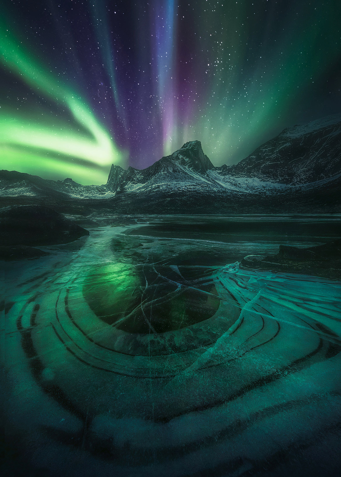 The Night We Joined Our Dreams photo Aurora, Yukon, Ogilvie, mountains, ice, snow, winter, reflection, icy lake, tombstone, photo