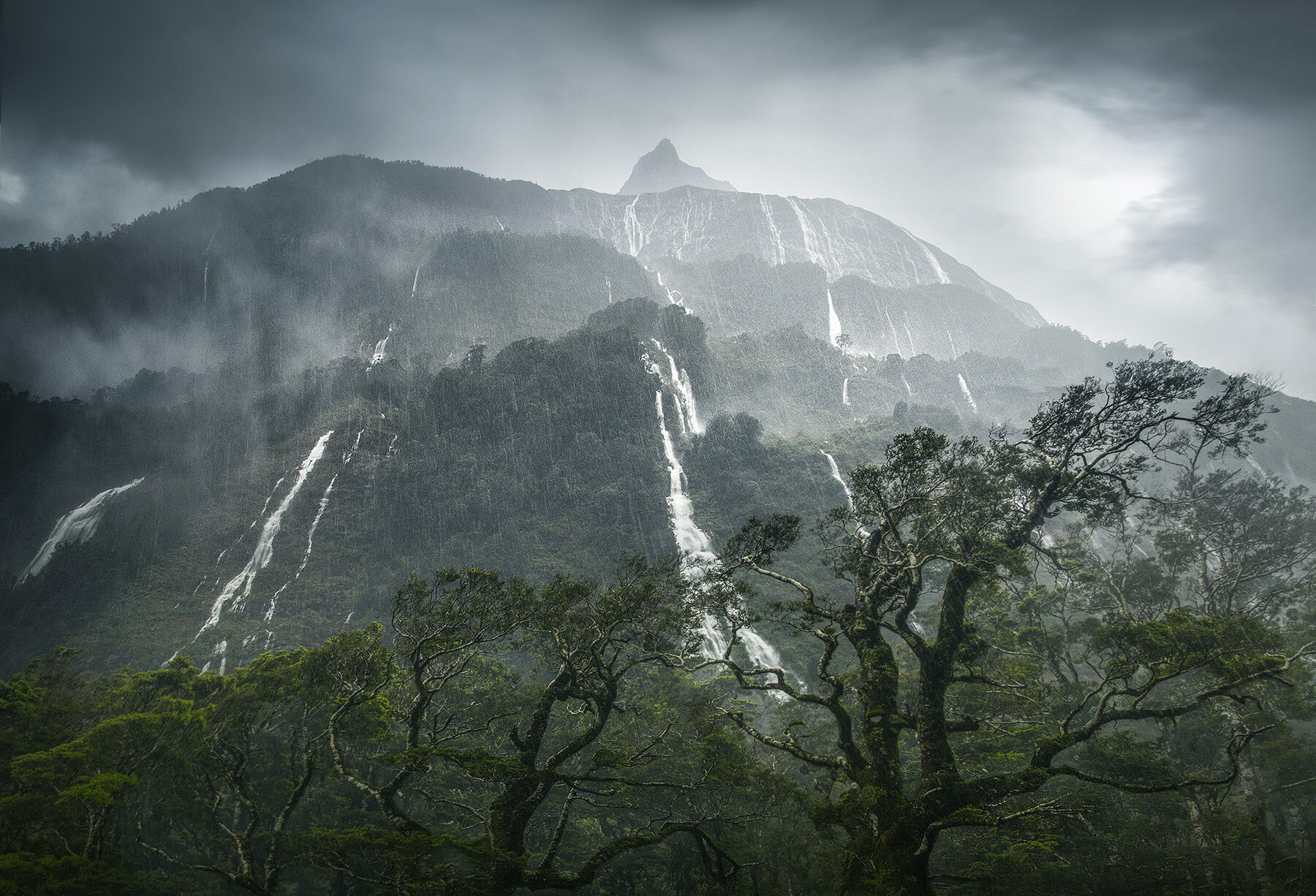 Heavy rain and massive waterfalls pour down from the high peaks in Fiordlands, New Zealand