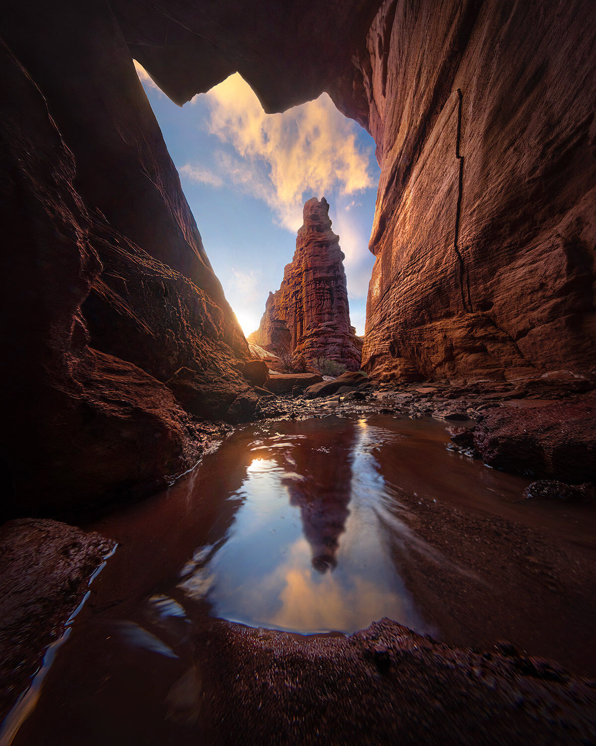 A rare rainstorm before sunset created some amazing reflections in these steep canyonlands near Moab