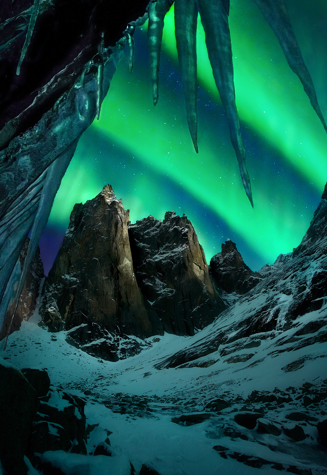 Under the Lights (2010) My latest techniques in depth of field blending can yield some unique photographs, such as this view looking up from under icicles...