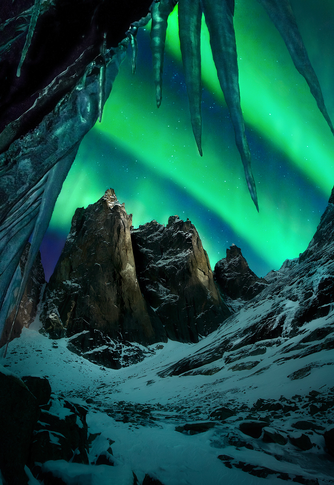 My latest techniques in depth of field blending can yield some unique photographs, such as this view looking up from under icicles...