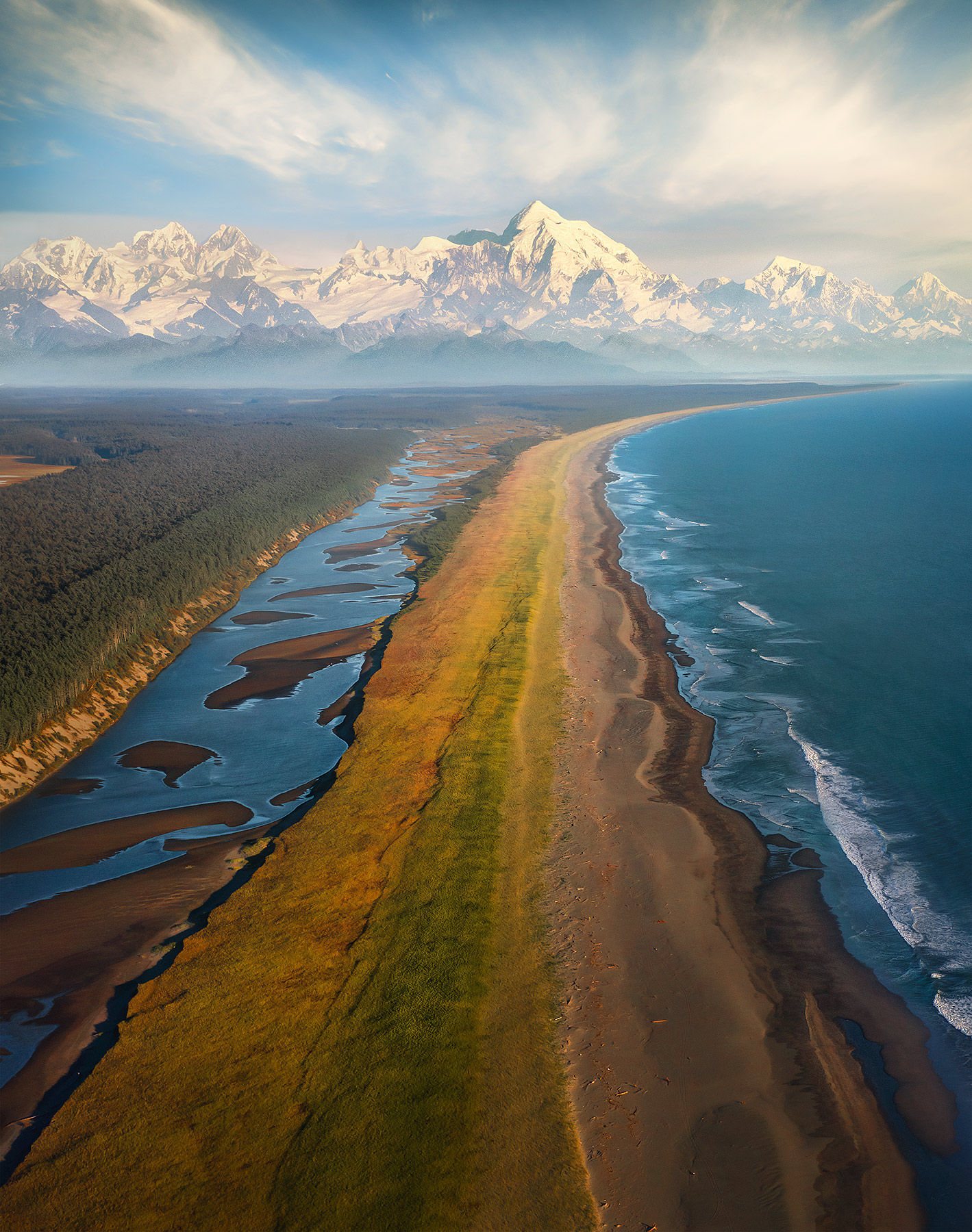 The wild Alaskan coast stretches on for miles towards the Fairweather Range in Autumn colors.