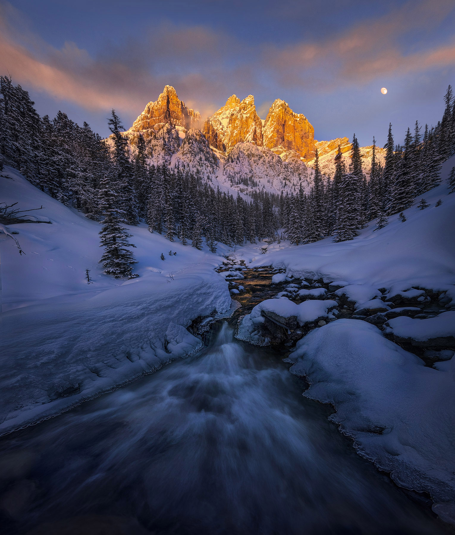 A remote location hidden away in the Canadian Rockies at sunset one fine January evening.