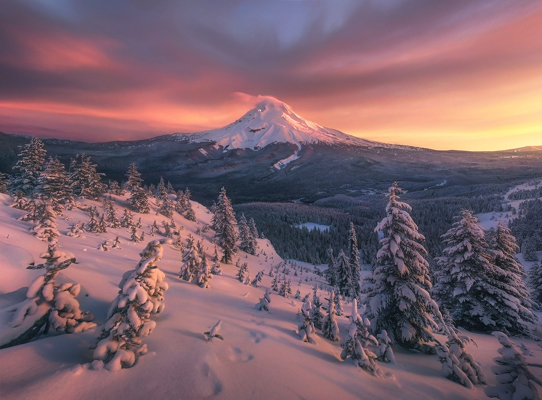 The beautiful reflected light of a spectacular sunrise adorns the frozen landscape surrounding Mount Hood in Oregon